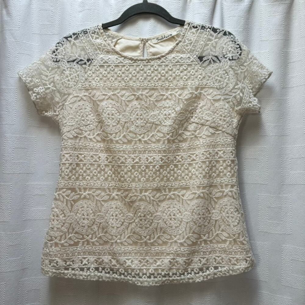 Solitaire Lace SS Ivory Cream Blouse Top Small S Career Dress Casual